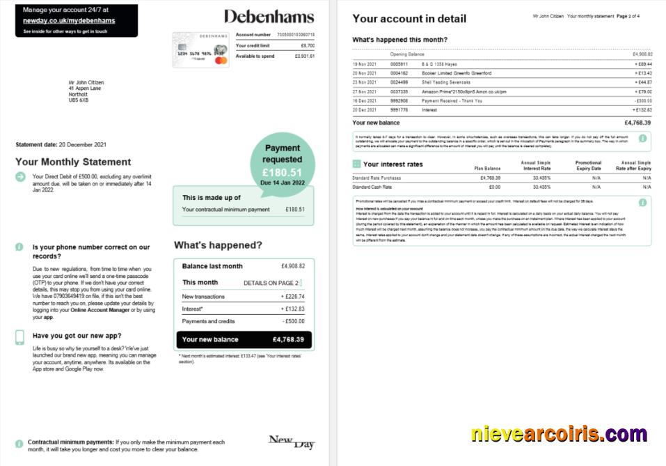 United Kingdom Debenhams card monthly statement Word and PDF, 4 pages 1 2